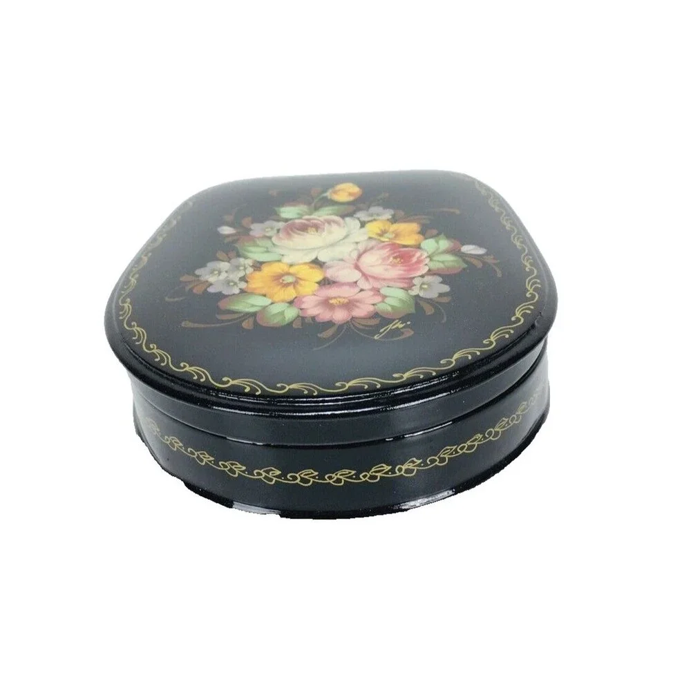 Vintage Russian Hand Painted Lacquered Floral Hinged Trinket Box Signed